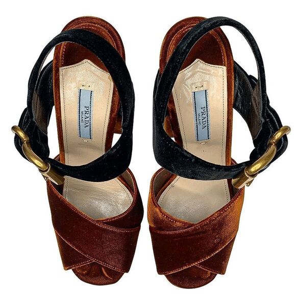Prada Two-Tone Platform Velvet Strappy Sandals EU 38.5 Orange Chunky High Heel - Picture 4 of 11